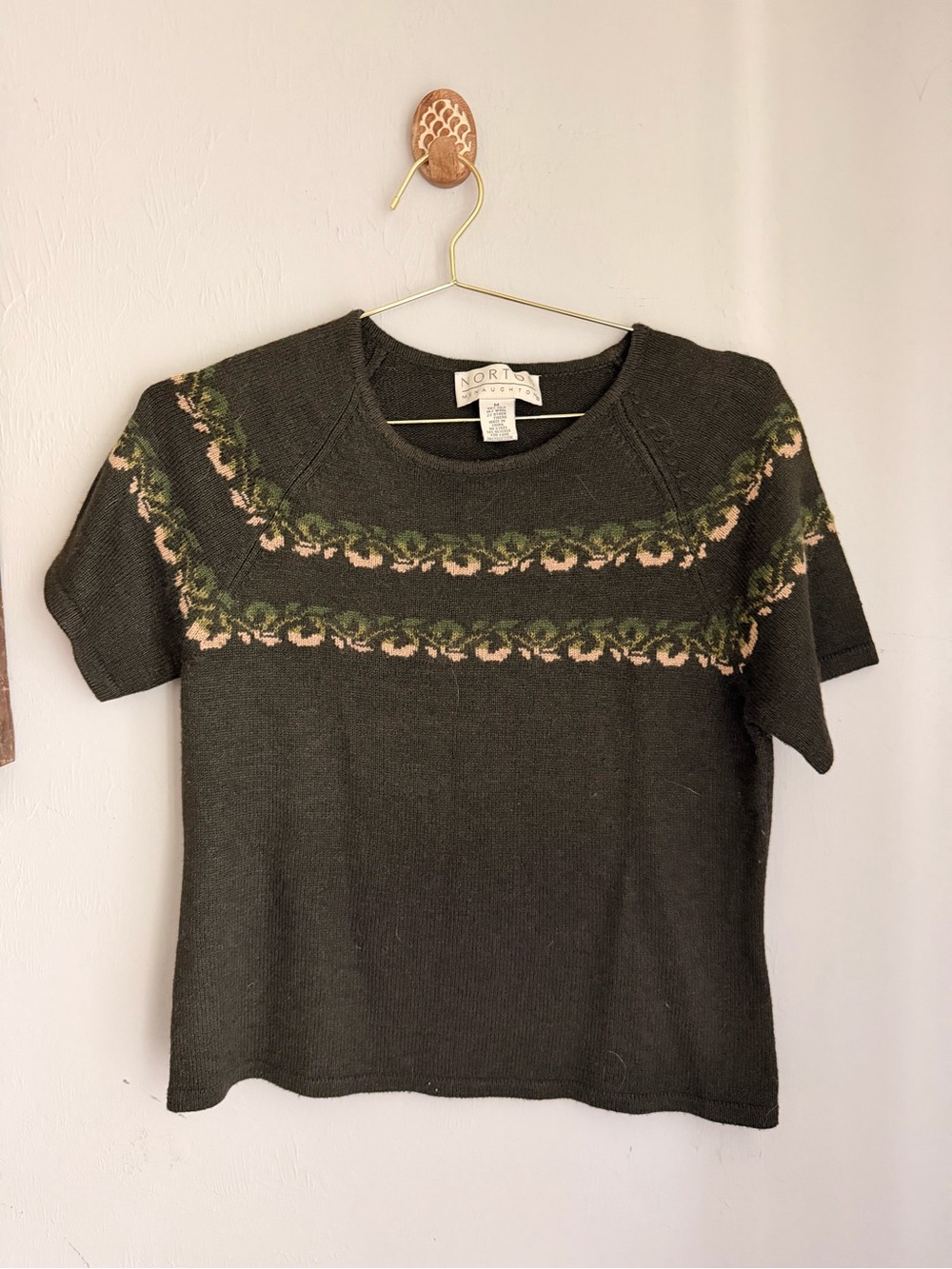 Norton McNaughton Olive Green Short-Sleeve Knit Top with Floral Yoke